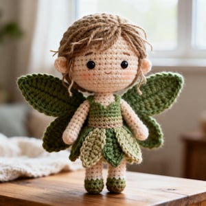 Könnte beinhalten: Eine handgefertigte Häkelfee-Puppe mit hellbraunem Garnhaar, rosigen Wangen und schwarzen Augen. Die Puppe trägt ein grünes Kleid und passende Flügel. Die Puppe steht auf einer Holzoberfläche.
