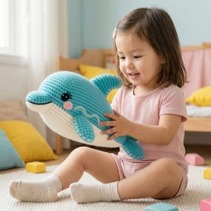 Op de afbeelding: Een gehaakte dolfijn knuffel in blauw en wit. De dolfijn heeft een lachend gezicht met roze wangen en een witte buik. Het speelgoed wordt door een kind vastgehouden.