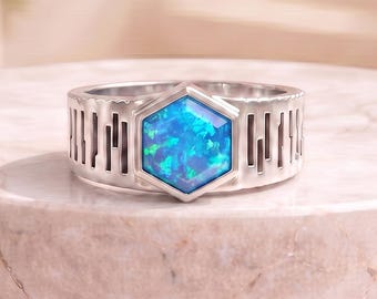 Blue Opal Hexagon Signet Ring, 925 Sterling Silver Geometric Statement Ring, October Birthstone Gift.