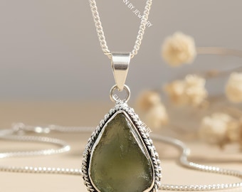 Natural Moldavite 925 Sterling Silver Pendant Necklace, Czech Jewelry