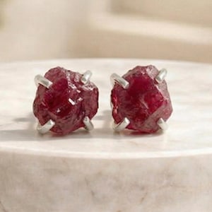 Raw Ruby Sterling Silver Stud Earrings, July Birthstone, Handmade Gemstone Jewelry