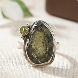 Raw Moldavite & Peridot Gemstone Ring, 925 Sterling Silver Statement Jewelry, Gift For Her.