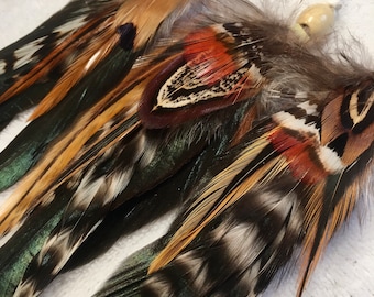 Clip In Feather Hair Extension 8+ Inches Long | Boho Festival Rooster Feathers | Natural Woodland Hair Accessory, Iridescent Black Red