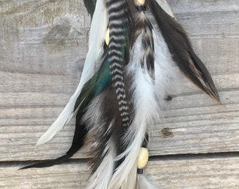 Black & White Feather Hair Clip | 20+ Inch Double Strand Rooster Feathers Wooden Beads Snap Clip Festival Boho Gothic Alt Hair Accessory