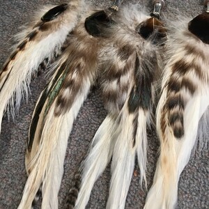May include: Four white and brown feather cat toys with silver metal tops and black accents.