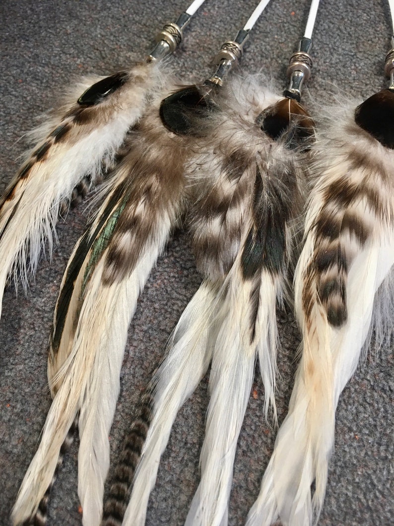 May include: Four white and brown feather cat toys with silver metal tops and black accents.