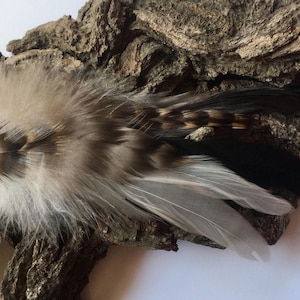 Long Natural Feather Hair Clip | Multi-Use Boho Hair Jewelry | Iridescent Black Grizzly Chinchilla Feathers | Bag Charm, Pendant, Handmade