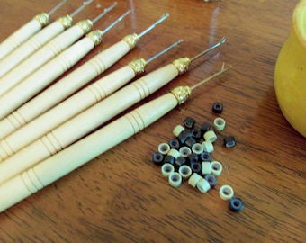 Wooden Hair Extension Threader Tool with Silicone Crimp Beads, Feather Hair Installation Hook Needle for DIY Extensions