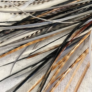 May include: A collection of feathers in various shades of brown, black, and white. The feathers are arranged in a fan shape and are lying on a white surface.