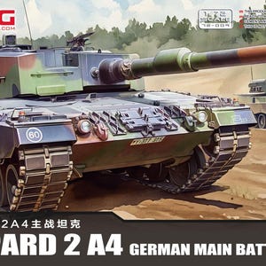 Può includere: Una scatola di modellismo con un carro armato tedesco Leopard 2 A4. Il carro armato è dipinto con colori mimetici verdi, marroni e beige. La scatola presenta la scritta "LEOPARD 2 A4 GERMAN MAIN BATTLE TANK" e "MENG".