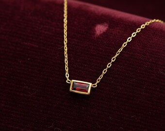 Handmade 14K Gold Garnet Necklace • Rectangle Sterling Silver January Birthstone Pendant