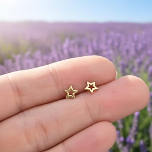 Op de afbeelding: Een paar kleine, goudkleurige oorstekers in de vorm van een ster. De oorbellen worden in de hand van een persoon gehouden, met een vage achtergrond van een lavendelveld en een blauwe lucht.
