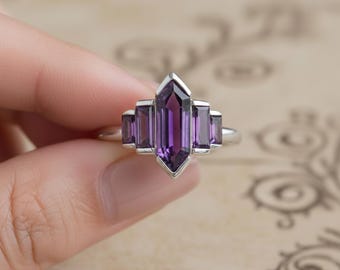 Amethyst Art Deco Statement Ring, 925 Sterling Silver