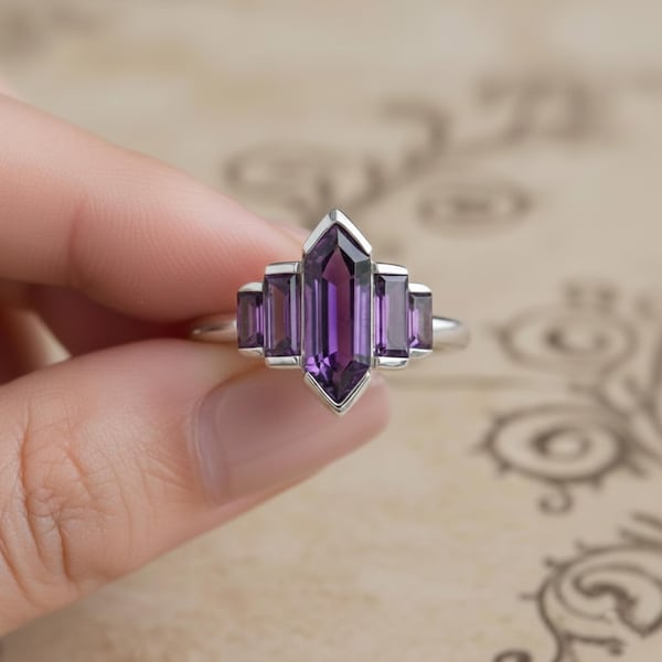 Anillo Art Déco de Amatista, Plata de Ley 925
