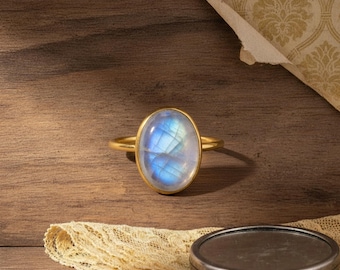 Handmade Rainbow Moonstone 14k Gold Ring | June Birthstone Jewelry
