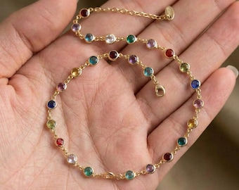 14K massief gouden regenboog edelsteenstation ketting, bezel set sierlijke kettingsieraden