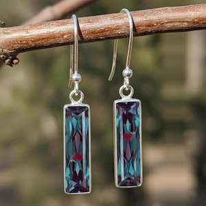 Sterling Silver Rectangular Alexandrite Dangle Earrings, June Birthstone Gift