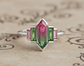 Watermelon Tourmaline Ring for Women – 925 Sterling Silver Handmade Multi-Stone Ring, Pink & Green Tourmaline Ring, Boho Fine Jewelry Gift