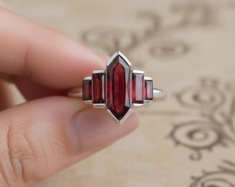 Art Deco Garnet Ring in 925 Sterling Silver | Deep Red Garnet Statement Ring | January Birthstone Jewelry | Vintage Style Engagement Ring