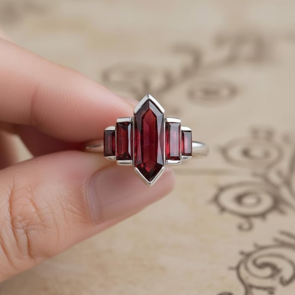 Art Deco Garnet Ring in 925 Sterling Silver | Deep Red Garnet Statement Ring | January Birthstone Jewelry | Vintage Style Engagement Ring