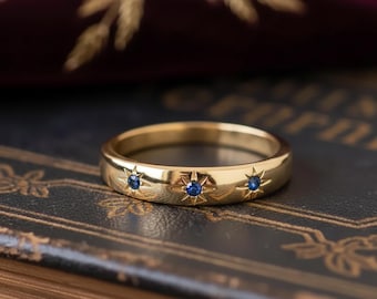 14K Gold Blue Sapphire Star Ring – Yellow Gold Celestial Band | Minimal Sapphire Wedding Ring Handmade Jewelry