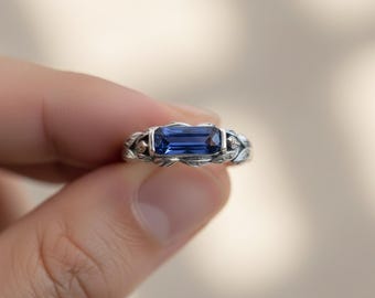 Blue Sapphire Ring | 925 Sterling Silver Leaf Band | Sapphire Quartz Solitaire | September Birthstone | Handmade Gift