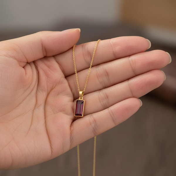 14k Gold Garnet Pendant Necklace – Emerald Cut Sterling Silver Red Garnet