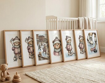 Hockey Teddy Bear Nursery Print Set, 7 Poses Sports Wall Art