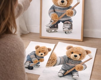 Hockey Teddy Bear Nursery Wall Art | Sports Nursery Decor | Baby Shower Gift Boy | Printable Kids Room Hockey Art | Digital Download