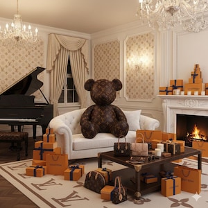 May include: A luxurious living room scene featuring a large brown teddy bear, handbags, and gift boxes. The bear and accessories display a repeating pattern. A grand piano and fireplace add to the elegant ambiance.