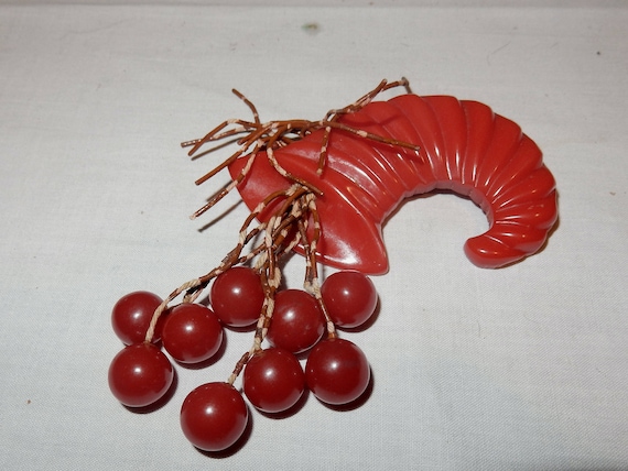 Vintage Red Bakelite Cornucopia of Cherries Pin