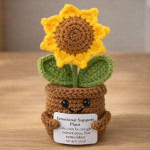 Girasole all'uncinetto fatto a mano, pianta di supporto emotivo, decorazione floreale in vaso (prodotto digitale)