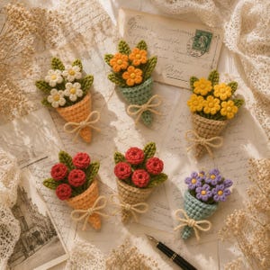 May include: Six crocheted flower bouquets in cone-shaped wrappers, each tied with a small twine bow. The bouquets feature white, orange, yellow, red, and purple flowers with green leaves, arranged in various colored yarn cones including peach, green, and tan.