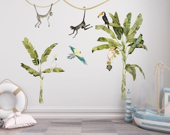 Jungle Animals Wall Decal: Monkey, Palm Tree, Safari Nursery Decor