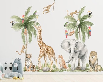 Watercolor Safari Animals Wall Decal, Peel and Stick Nursery Wall Stickers