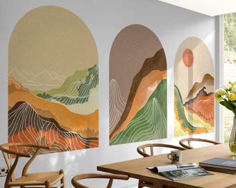 Juego de vinilos decorativos de pared con diseño de atardecer bohemio: pegatinas de arte moderno de mediados de siglo.