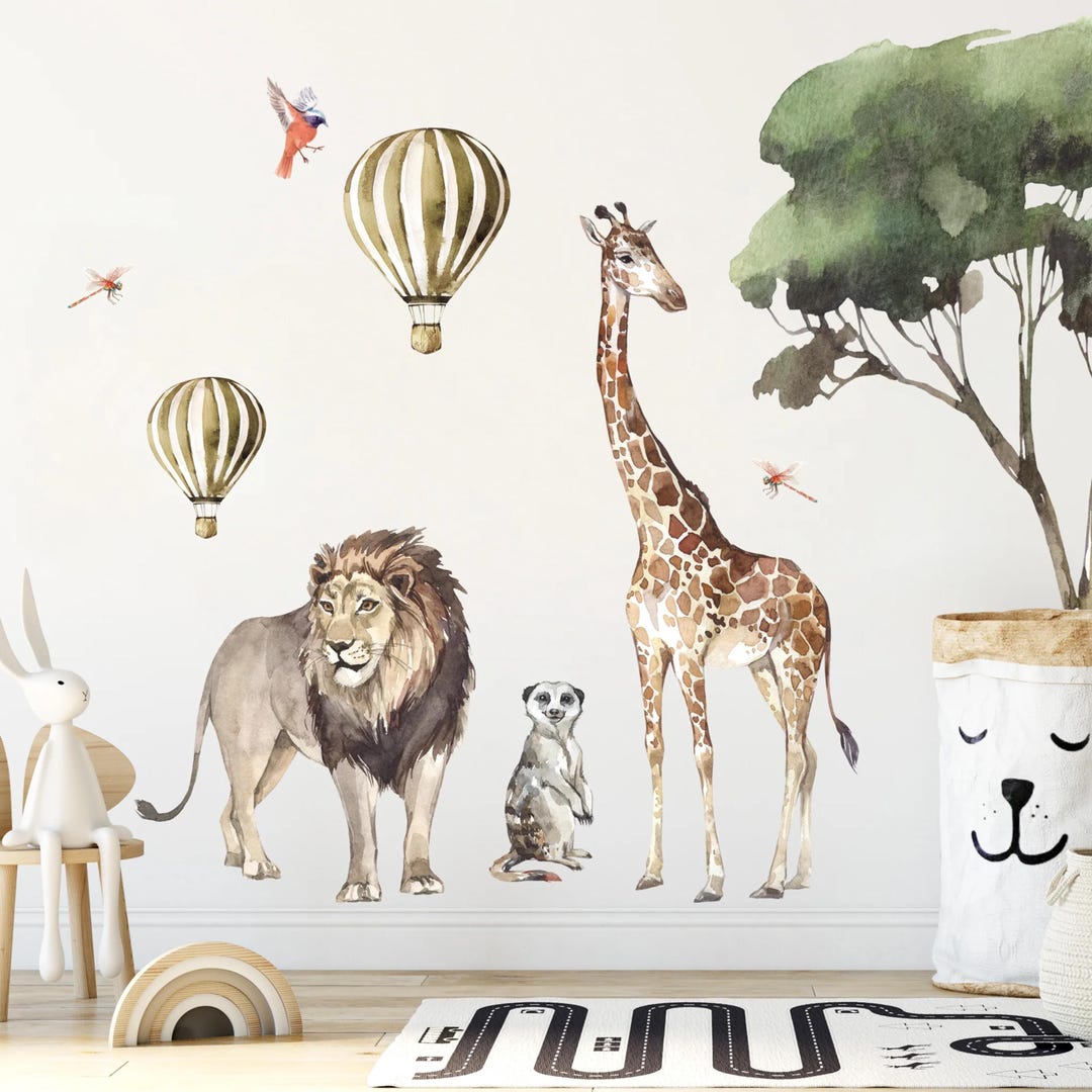 Safari Animal Wall Decals – Lion, Giraffe, Nursery Decor Wall Sticker ...