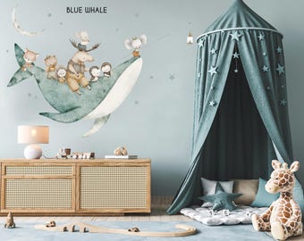 Whale Ocean Animals Nursery Wall Decal Set, Under the Sea Watercolor Fairytale Sticker