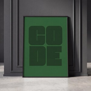 Póster minimalista verde con tipografía de código para imprimir, decoración moderna para la oficina.