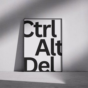 May include: A framed black and white poster with the text "Ctrl Alt Del" in a bold font. The poster is propped against a light grey wall, with shadows creating depth. The poster is a modern design.