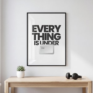 May include: A framed print with the words "EVERYTHING IS UNDER" and a Ctrl key graphic. The print is on a light wood table with a small potted succulent and black headphones.