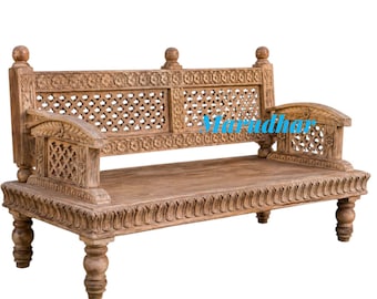 Indian Hand Carved jali Work Wooden bench | Mango Wood day bed | Natural finish Diwan