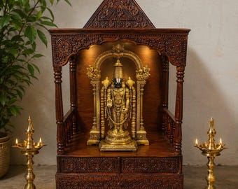 Teakhouten handgesneden tempel | Houten Pooja Mandir | Hindoeïstische Godtempel