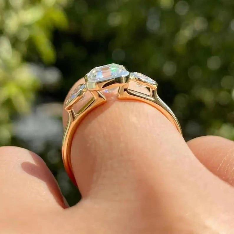 2CT Asscher Cut Moissanite Engagement Ring 14K Solid Yellow Gold Three ...