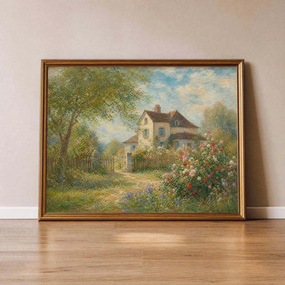 Vintage Cottage Landscape Wall Art, Country House Oil Painting ...