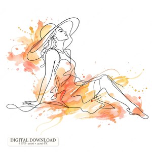 May include: A continuous black line drawing of a person wearing a wide-brimmed hat and a flowing dress, set against a background of orange and yellow watercolor splashes. The image includes text that reads DIGITAL DOWNLOAD 8 JPG 4096 x 4096 PX.