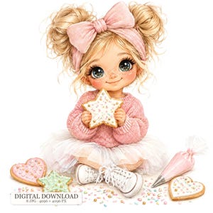 Könnte beinhalten: Eine digitale Illustration eines blonden Kindes mit zwei Haarknoten und einem rosa Stirnband, das einen rosa Pullover und einen weißen Tüllrock mit weißen Turnschuhen trägt. Das Kind hält einen sternförmigen Keks, umgeben von Keksen und einem Spritzbeutel.