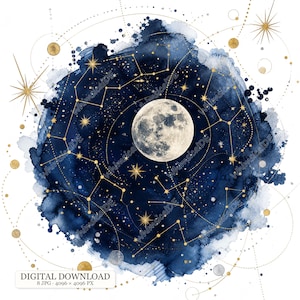 Könnte beinhalten: Eine kreisförmige Aquarellillustration mit einem detaillierten Vollmond vor einem tief dunkelblauen Nachthimmel. Goldene Sternbilder, feine Linien und Sternmotive sind über den blauen Farbauftrag gelegt. Der Text unten lautet DIGITAL DOWNLOAD 8 JPG 4096 x 4096 PX.