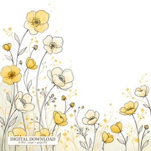 Könnte beinhalten: Eine digitale Illustration mit gelben Blumen, schwarzen Umrisslinien und aquarellartigen Blütenblättern. Das Bild enthält verstreute gelbe Punkte und Stängel sowie ein Textfeld mit der Aufschrift DIGITAL DOWNLOAD 8 JPG 4096 x 4096 PX.