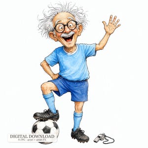 Puede incluir: Ilustración de dibujos animados de una persona mayor con pelo blanco alborotado y gafas redondas, vistiendo camiseta azul claro, pantalones cortos azules, calcetines azules y botas de fútbol negras. Un pie sobre un balón. Un silbato al lado. Texto: DIGITAL DOWNLOAD 8 JPG 4096 x 4096 PX.